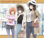  3girls bag bangs black_shirt black_shorts blue_skirt blunt_bangs blurry blurry_background blush bracelet brown_coat brown_eyes brown_hair brown_headwear carrying casual city closed_eyes coat collaboration commentary cup dated girls_und_panzer grey_legwear grey_pants handbag happy_birthday hat head_tilt highres holding holding_cup holding_handbag jewelry laughing legwear_under_shorts light_frown long_hair long_skirt long_sleeves looking_at_viewer mature mother_and_daughter mug multiple_girls nishizumi_maho nishizumi_miho nishizumi_shiho off-shoulder_shirt off_shoulder open_clothes open_coat open_mouth outdoors outside_border pants pantyhose parted_lips pink_shirt saitou_gabio shirt short_hair short_shorts shorts siblings sisters skirt sleeveless sleeveless_shirt standing straight_hair sun_hat watch watch white_headwear white_shirt yakumoreo 