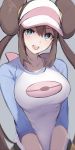  1girl :d blue_background blue_eyes blush breasts brown_hair collarbone double_bun hair_between_eyes impossible_clothes impossible_shirt large_breasts long_hair looking_at_viewer mei_(pokemon) mobu open_mouth poke_ball_symbol pokemon pokemon_(game) pokemon_bw2 raglan_sleeves shirt sidelocks simple_background smile solo twintails visor_cap 