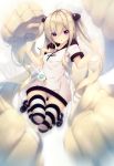  1girl :o bangs blonde_hair clenched_hands cup drinking_straw eyebrows_visible_through_hair hair_between_eyes highres hood hoodie konjiki_no_yami long_hair looking_at_viewer motion_blur prehensile_hair red_eyes shokuyou_mogura solo striped striped_legwear thigh-highs to_love-ru very_long_hair 