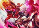  2boys armor ashwatthama_(fate/grand_order) battle black_bodysuit black_gloves bodysuit choker dark_skin earrings fate/grand_order fate_(series) gloves grin highres holding holding_spear holding_weapon jewelry karna_(fate) legs_apart male_focus multiple_boys muscle outstretched_hand polearm redhead sasame_yuuki shirtless smile spear standing teeth weapon white_hair yellow_eyes 