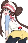  ass black_legwear blue_eyes bow brown_hair double_bun from_behind hair_between_eyes kayama_kenji legwear_under_shorts long_hair looking_at_viewer mei_(pokemon) pantyhose pink_bow poke_ball pokemon pokemon_(game) pokemon_bw2 raglan_sleeves short_shorts shorts simple_background twintails very_long_hair visor_cap white_background yellow_shorts 