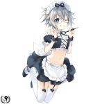  1girl absurdres blue_eyes breasts date_a_live glasses highres holding holding_pen honjou_nia jumping looking_at_viewer maid_dress pen short_hair silver_hair small_breasts smile stomach thigh-highs tsunako 