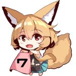  1girl :d animal_ear_fluff animal_ears apron bangs barefoot black_apron blue_skirt blush brown_hair chibi commentary_request eyebrows_visible_through_hair fox_ears fox_girl fox_tail full_body hair_between_eyes holding long_hair looking_at_viewer open_mouth original outstretched_arms pink_apron pleated_skirt red_eyes shirt sidelocks simple_background skirt smile solo tail tail_raised very_long_hair white_background white_shirt yuuji_(yukimimi) 