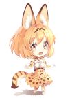  1girl absurdres animal_ears animal_ears_(artist) blush bow bowtie brown_eyes chibi elbow_gloves eyebrows_visible_through_hair full_body gloves highres kemono_friends looking_at_viewer open_mouth orange_hair orange_legwear orange_skirt serval_(kemono_friends) serval_ears serval_tail short_hair skirt smile solo tail thigh-highs 