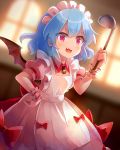  1girl 60mai :d alternate_costume apron bangs bat_wings blue_hair blurry blurry_background bow commentary_request cowboy_shot dress dutch_angle enmaided eyebrows_visible_through_hair fang hair_between_eyes hand_on_hip hand_up holding indoors ladle looking_at_viewer maid maid_apron maid_headdress open_mouth pink_dress puffy_short_sleeves puffy_sleeves red_bow red_eyes remilia_scarlet short_hair short_sleeves smile solo standing touhou white_apron window wings wrist_cuffs 