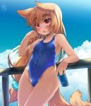  1girl against_railing animal_ears bangs bare_arms bare_shoulders blue_sky blue_swimsuit blush breasts brown_hair can casual_one-piece_swimsuit child clouds cloudy_sky covered_navel day eyebrows_visible_through_hair fang fingernails fox_ears fox_girl fox_tail groin hand_up holding holding_bottle holding_can leaning_on_rail long_hair looking_away low-tied_long_hair one-piece_swimsuit original outdoors parted_lips pink_eyes railing signature sky small_breasts solo swimsuit tail thick_eyebrows toba_hiyoko very_long_hair 
