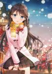  1girl :o absurdres bag bangs black_legwear blue_eyes blush brown_hair city coat duffel_coat fuumi_(radial_engine) gift highres holding long_hair long_sleeves looking_at_viewer night night_sky open_mouth original pleated_skirt scan scarf school_bag skirt sky solo thigh-highs wire yellow_scarf zettai_ryouiki 