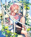  1girl artist_name black_shorts blue_sky copyright_name glasses green_eyes interitio knee_up long_hair official_art outdoors pink_hair plant railing shirt shorts sid_story sidelocks sitting sky solo spiral_staircase stairs t-shirt very_long_hair white_shirt wristband 