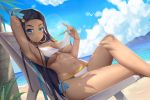  1girl absurdres aqua_eyes aqua_hair arm_up armpits beach beach_chair bikini blue_sky blush breasts clouds crossed_legs dark_skin earrings hair_ornament highres hoop_earrings jewelry looking_at_viewer lying medium_breasts muji_(majunduo) navel ocean on_back pokemon pokemon_(game) pokemon_swsh rurina_(pokemon) side-tie_bikini sky smile solo strap_pull swimsuit under_boob white_bikini 