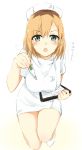 1girl blonde_hair brown_hair dress green_eyes hat holding_thermometer looking_at_viewer miyamori_aoi multicolored_hair nurse nurse_cap one_knee open_mouth pumps shirobako short_dress short_hair short_sleeves simple_background sketch solo speech_bubble tahita1874 two-tone_hair white_background white_dress white_footwear 