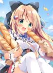  1girl :d bag baguette bangs black_bow black_skirt blonde_hair blue_bow blue_sky blush bow bread breasts clouds commentary_request day dress_shirt eyebrows_visible_through_hair fingernails food food_on_face frilled_skirt frills green_eyes hair_bow holding holding_food leaves_in_wind long_hair looking_at_viewer medium_breasts nail_polish open_mouth original outdoors pan_(mimi) paper_bag pink_nails shirt sitting skirt sky smile solo thigh-highs very_long_hair white_legwear white_shirt wrist_cuffs 