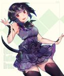  1girl artist_name au_ra bare_shoulders black_hair black_legwear blush breasts commentary_request dress eyebrows_visible_through_hair final_fantasy final_fantasy_xiv looking_at_viewer medium_breasts open_mouth original purple_dress red_eyes rirene_rn scales smile solo tail thigh-highs upper_teeth 