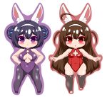  2girls :&lt; absurdres ahoge animal_ear_fluff animal_ears ass_visible_through_thighs azur_lane bare_arms bare_shoulders black_footwear black_hair black_legwear blush breasts brown_hair brown_outline bunny_girl bunnysuit closed_mouth covered_collarbone covered_navel double_bun hairband hands_on_hips highres kurukurumagical leotard long_hair medium_breasts multiple_girls ning_hai_(azur_lane) outline outstretched_arms pantyhose parted_lips ping_hai_(azur_lane) purple_background purple_leotard rabbit_ears red_eyes red_leotard shoes side_bun simple_background small_breasts thigh-highs two_side_up very_long_hair violet_eyes white_background white_hairband 