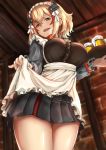  1girl :d absurdres alcohol apron apron_lift azur_lane bangs beer beer_can black_skirt blonde_hair breasts brown_eyes can chushou_wang commentary_request eyebrows_visible_through_hair frilled_apron frills from_above hair_between_eyes head_tilt headgear highres holding holding_tray indoors large_breasts lifted_by_self long_sleeves looking_at_viewer looking_down maid_apron maid_headdress multicolored_hair open_mouth pleated_skirt redhead roon_(azur_lane) short_hair skirt smile solo standing streaked_hair thighs tray waist_apron white_apron 