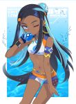  1girl armlet belly_chain dark_skin earrings eyeshadow gloves gym_leader hair_bun highres holding holding_poke_ball hoop_earrings jewelry komiya_nigi long_hair looking_at_viewer makeup multicolored_hair navel necklace one_eye_closed partly_fingerless_gloves poke_ball pokemon pokemon_(game) pokemon_swsh rurina_(pokemon) single_glove smile solo swimsuit tankini two-tone_hair very_long_hair water 