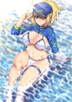  1girl ahoge artoria_pendragon_(all) baseball_cap bikini blonde_hair blue_eyes blue_headwear blue_jacket blue_scarf breasts cropped_jacket fate/grand_order fate_(series) hair_between_eyes hair_through_headwear hat highres jacket large_breasts looking_at_viewer mysterious_heroine_x mysterious_heroine_xx_(foreigner) ponytail scarf shrug_(clothing) side-tie_bikini smile solo swimsuit thigh_strap white_bikini wristband yui_sora zipper_pull_tab 