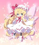  1girl :d bangs black_legwear blonde_hair blue_eyes blush boots bow chibi commentary_request dress eyebrows_visible_through_hair fairy_wings floral_background full_body hair_between_eyes hat hat_bow highres kneehighs lily_white long_hair long_sleeves milkpanda open_mouth outstretched_arm pink_wings red_bow round_teeth smile solo teeth thick_eyebrows touhou upper_teeth very_long_hair white_dress white_footwear white_headwear wide_sleeves wings 