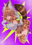  1girl alternate_hair_color animal_ears arms_up blush breast_pocket breasts brown_gloves brown_hair brown_legwear elbow_gloves eyebrows_visible_through_hair full_body gloves grin highres kemono_friends large_breasts looking_at_viewer multicolored multicolored_clothes multicolored_gloves notora parted_lips pocket serval_(kemono_friends) serval_ears serval_tail sleeveless smile solo tail teeth thigh-highs white_gloves 