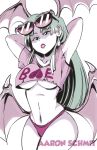  1girl aaron_schmit armpits arms_behind_head arms_up bat_wings breasts casual clothes_writing commentary crop_top demon_girl earrings english_commentary eyewear_on_head facing_viewer green_hair head_wings heart jewelry long_hair low_wings medium_breasts morrigan_aensland navel no_bra panties slender_waist solo succubus sunglasses under_boob underwear vampire_(game) wings 
