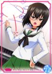  1girl absurdres bangs black_hair black_neckwear black_ribbon brown_eyes card_(medium) character_name choker girls_und_panzer glasses green_skirt hair_between_eyes hand_on_hip highres indoors kawashima_momo long_sleeves looking_at_viewer ooarai_school_uniform open_mouth pleated_skirt ribbon ribbon_choker sailor_collar school_uniform shiny shiny_hair shirt short_hair skirt solo white_sailor_collar white_shirt 