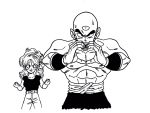  1boy 1girl bald belt clenched_hands commentary_request dragon_ball dragon_ball_(classic) frown hairband heart heart_hands highres lee_(dragon_garou) lunch_(dragon_ball) monochrome muscle serious shirtless smile sweat tenshinhan third_eye wristband 