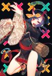  1girl alternate_hairstyle arms_up bare_legs bell black_footwear blush eyebrows_visible_through_hair fate/grand_order fate_(series) highres horns kotoribako long_sleeves looking_at_viewer open_mouth purple_hair short_hair shuten_douji_(fate/grand_order) smile solo thick_eyebrows tongue tongue_out violet_eyes 