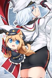  1girl ass azur_lane bangs blue_eyes breasts commentary_request eyebrows_visible_through_hair from_behind fur-trimmed_legwear fur_trim gloves green-exe hair_between_eyes hat highres long_sleeves looking_at_viewer looking_back medium_breasts parted_lips peaked_cap short_hair silver_hair solo standing thigh-highs thighs tirpitz_(azur_lane) white_gloves 