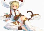  1girl andira_(granblue_fantasy) animal_ears barefoot blonde_hair breasts detached_leggings detached_sleeves erune granblue_fantasy hagoromo hairband lying monkey_ears monkey_tail shawl small_breasts smile tail twintails two_side_up wasabi60 white_background wide_sleeves 