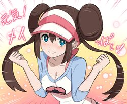  1girl aqua_eyes blue_eyes blush breasts brown_hair double_bun hair_bun kayama_kenji looking_at_viewer low_twintails medium_breasts mei_(pokemon) pokemon pokemon_(game) pokemon_bw2 smile text_focus translated twintails visor_cap 