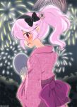  1girl alternate_costume black_hairband corrin_(fire_emblem) corrin_(fire_emblem)_(female) eromame fan fire_emblem fire_emblem_fates fireworks from_side hair_ornament hairband holding japanese_clothes kimono long_hair long_sleeves obi open_mouth paper_fan pink_hair pointy_ears ponytail red_eyes sash solo twitter_username uchiwa yukata 