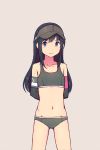  1girl adapted_costume alternate_costume arm_support arms_behind_back asashio_(kantai_collection) bikini black_bikini black_hair black_headwear blue_eyes collarbone cowboy_shot flat_chest grey_background kantai_collection long_hair looking_at_viewer nakaaki_masashi navel simple_background solo sports_bikini swimsuit visor_cap 