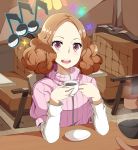  1girl :d atlus brown_eyes brown_hair chair coffee coffee_pot cup eighth_note elbows_on_table highres indoors long_sleeves looking_at_viewer megami_tensei musical_note okumura_haru olly_(ollycrescent) open_mouth persona persona_5 pink_sweater plate ribbed_sweater short_hair smile sparkle sweater 