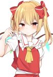  1girl alternate_hairstyle ascot bangs blonde_hair blush bow commentary_request crystal flandre_scarlet frilled_shirt_collar frills hair_between_eyes hair_bow hand_up highres karasusou_nano long_hair looking_at_viewer no_hat no_headwear puffy_short_sleeves puffy_sleeves red_bow red_eyes red_vest shirt short_sleeves sidelocks simple_background solo touhou twintails upper_body vest white_background white_shirt wings yellow_neckwear 