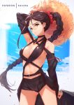  1girl arm_up bangs bare_shoulders black_shorts black_swimsuit blue_sky blush braid breasts brown_hair choker closed_mouth consort_yu_(fate) detached_sleeves ear_piercing earrings faicha fate/grand_order fate_(series) glasses hair_between_eyes hair_ornament hair_scrunchie hairclip hat jewelry long_hair looking_at_viewer medium_breasts multiple_earrings navel o-ring piercing revealing_clothes scrunchie shorts sky solo straw_hat sun_hat swimsuit thighs very_long_hair 