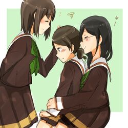  3girls :t black_hair blush brown_hair closed_eyes facing_another flying_sweatdrops glasses green_backpack green_neckwear hand_on_another&#039;s_head heart hibike!_euphonium long_hair long_sleeves looking_down low_twintails multiple_girls nakaseko_kaori ogasawara_haruka profile sailor_collar school_uniform short_hair sitting sitting_on_lap sitting_on_person sleeves_past_wrists smile squiggle tanaka_asuka tearing_up twintails wataru_(chirimenjako) 