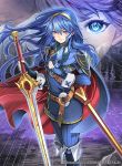  1girl belt blue_eyes blue_hair cape closed_mouth company_name copyright_name falchion_(fire_emblem) fingerless_gloves fire_emblem fire_emblem:_kakusei fire_emblem_cipher gloves holding holding_sword holding_weapon intelligent_systems long_hair long_sleeves lucina mask nintendo official_art scabbard sheath solo super_smash_bros. sword tiara toyo_sao weapon 