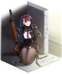  1girl bangs binoculars black_gloves black_legwear breasts bullpup double-breasted formal girls_frontline gloves gun hair_ribbon hiememiko highres holding holding_gun holding_weapon kneeling long_hair necktie pantyhose parted_lips purple_hair red_eyes ribbon rifle sniper_rifle solo suit thighband_pantyhose very_long_hair wa2000_(girls_frontline) walther walther_wa_2000 weapon 