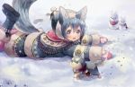  1girl animal animal_ears blue_hair boots coat commentary_request dog footprints fur-trimmed_boots fur-trimmed_coat fur-trimmed_skirt fur-trimmed_sleeves fur_trim hat koyomi_(shironeko_project) lying mittens on_stomach poncho rukako scarf shironeko_project snow snowman tail tarou_(shironeko_project) winter_clothes winter_coat wolf_ears wolf_tail woollen_cap 