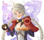  1girl ahoge blue_eyes blush bread capelet carrot elbow_gloves fire_emblem fire_emblem_fates food gloves holding holding_food imagining long_hair nina_(fire_emblem) ryuusaki_rei solo twintails white_hair 