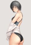  1girl amagami ass back black_eyes black_hair blush breasts closed_mouth competition_swimsuit grey_background half-closed_eyes highleg highleg_swimsuit medium_breasts nanasaki_ai nozomi-y one-piece_swimsuit shirt short_hair simple_background solo swimsuit 