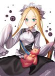  1girl abigail_williams_(fate/grand_order) absurdres bangs black_dress blonde_hair blue_eyes blush breasts butterfly_hair_ornament closed_mouth collared_dress commentary_request dress eyebrows_visible_through_hair fate/grand_order fate_(series) forehead hair_ornament hands_up haribo_kanten heroic_spirit_chaldea_park_outfit highres holding keyhole long_hair long_sleeves medium_breasts parted_bangs shirt sidelocks simple_background sleeveless sleeveless_dress sleeves_past_fingers sleeves_past_wrists smile solo stuffed_animal stuffed_toy teddy_bear very_long_hair white_background white_shirt 