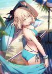  1girl :d ahoge artist_request ass beach_mat beach_umbrella bikini black_bow blonde_hair blue_bikini blush bow breasts collarbone day dimples_of_venus earrings eyebrows_visible_through_hair fate/grand_order fate_(series) hair_between_eyes hair_bow highres holding_sarong jewelry katana looking_at_viewer medium_breasts okita_souji_(fate) okita_souji_(fate)_(all) open_mouth outdoors sarong sarong_removed sash sheath sheathed short_hair side-tie_bikini smile solo sunlight swimsuit sword umbrella weapon yellow_eyes 