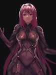  1girl black_background bodysuit breasts covered_navel expressionless fate/grand_order fate_(series) hair_intakes large_breasts leotard long_hair purple_bodysuit purple_hair purple_leotard red_eyes scathach_(fate)_(all) scathach_(fate/grand_order) simple_background sinstyx solo very_long_hair 
