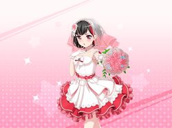 bang_dream! black_hair blus bouquets dress mitake_ran official_art red_eyes short_hair strapless_dress veil wedding_dress