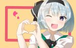  1girl ;d arms_up baasaku_(balasaku24) bangs black_neckwear blue_eyes bow bowtie commentary_request eyebrows_visible_through_hair green_vest hair_ribbon head_tilt heart heart_hands highres konpaku_youmu looking_at_viewer one_eye_closed open_mouth puffy_short_sleeves puffy_sleeves ribbon shiny shiny_hair shirt short_sleeves silver_hair simple_background smile solo touhou upper_body vest white_shirt wing_collar yellow_background 