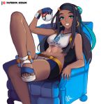  1girl aqua_hair armchair bangs black_hair blue_eyes breasts chair crossed_legs dark_skin ear_piercing earrings fang gloves grin gym_leader hair_bun highres holding holding_poke_ball hoop_earrings jewelry kirani leg_up lips looking_at_viewer midriff multicolored_hair navel necklace patreon_username pendant piercing poke_ball poke_ball_(generic) pokemon pokemon_(game) pokemon_swsh rurina_(pokemon) sandals shorts single_glove sitting small_breasts smile solo stomach swept_bangs swimsuit tankini thick_eyebrows toes toned two-tone_hair white_background 