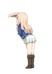  1girl ass bc_freedom_military_uniform blonde_hair blue_eyes boots commentary_request fan from_behind full_body girls_und_panzer hand_on_hip hand_up jacket leaning_forward long_hair long_sleeves marie_(girls_und_panzer) otoufu pleated_skirt skirt solo standing white_background 