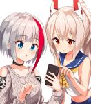  2girls :o admiral_graf_spee_(azur_lane) ame. aran_sweater ayanami_(azur_lane) azur_lane bangs black_choker blue_eyes blue_sailor_collar blue_skirt blush brown_eyes brown_hair carrying cellphone choker closed_mouth collarbone commentary_request crop_top eyebrows_visible_through_hair grey_hair grey_sweater hair_between_eyes hands_up headgear high_ponytail highres holding holding_cellphone holding_phone long_hair long_sleeves midriff multicolored_hair multiple_girls navel parted_lips phone ponytail redhead sailor_collar school_uniform serafuku shirt short_hair shoulder_carry simple_background skirt sleeveless sleeveless_shirt smile streaked_hair sweater upper_body white_background white_shirt 