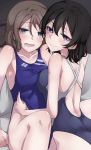  2girls all_fours asymmetrical_docking black_hair black_swimsuit blue_eyes blue_swimsuit breast_press collarbone commentary_request competition_swimsuit grey_hair highres incest looking_at_viewer love_live! love_live!_school_idol_project love_live!_sunshine!! love_live!_sunshine!!_the_school_idol_movie_over_the_rainbow multiple_girls nasuno_(nasuno42) one-piece_swimsuit short_hair sitting smile swimsuit violet_eyes watanabe_tsuki watanabe_you 