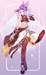  1girl animal_ears bare_arms bare_shoulders breasts commission final_fantasy final_fantasy_xiv full_body gauntlets looking_at_viewer navel original pink_hair red_legwear red_sleeves rirene_rn single_sleeve skirt small_breasts smile solo thigh-highs viera yellow_eyes 